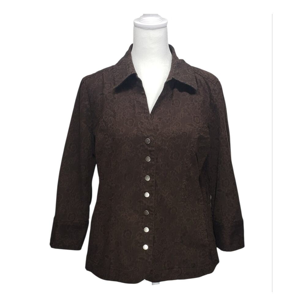 Christopher & Banks Floral Jacquard Snap Button Top M Brown Dark Coquette Y2K